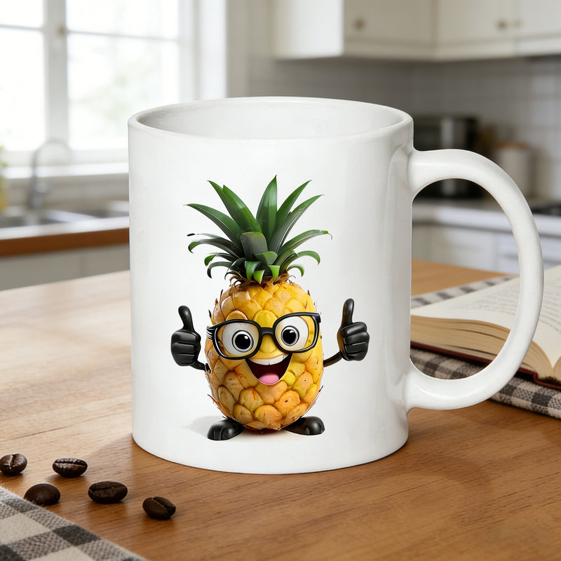 Tailorly White Ceramic 11 oz Mug - pineapple with glasses thumbs up