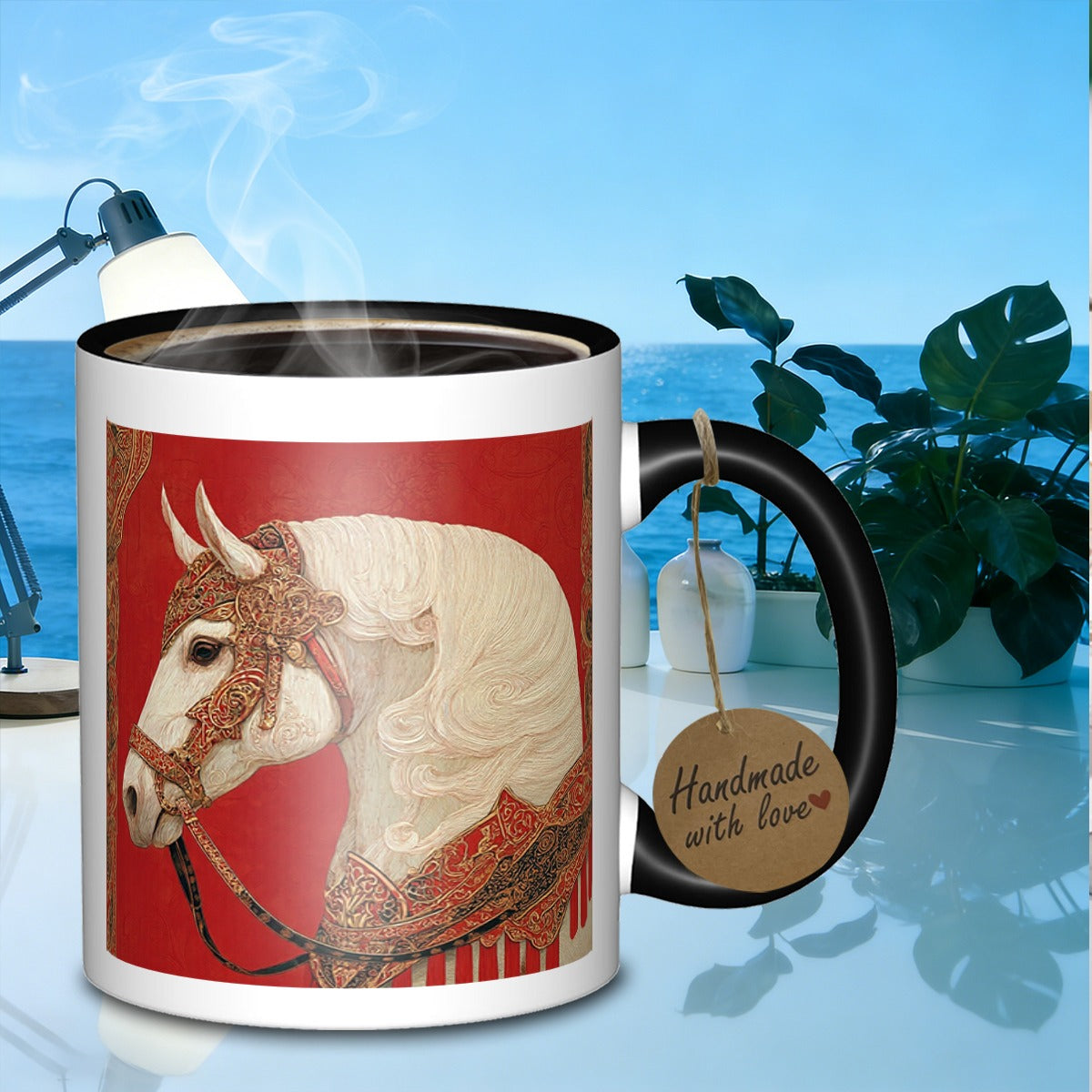 Tailorly Black Accent 11 oz Mug - white horse artwork