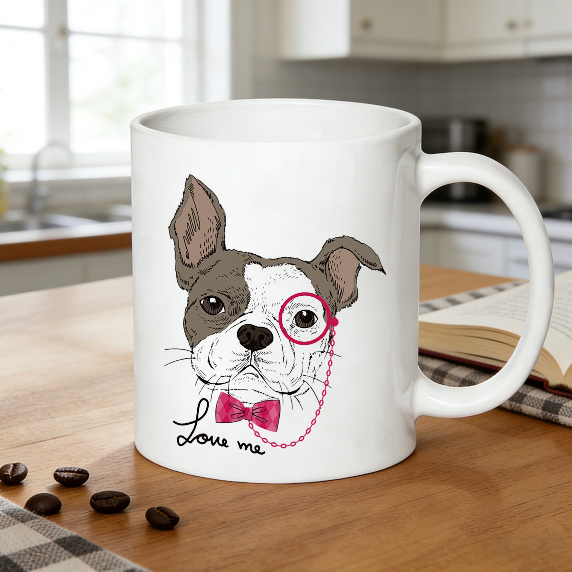 Tailorly White Ceramic 11 oz Mug - boston terrier wearing bow tie