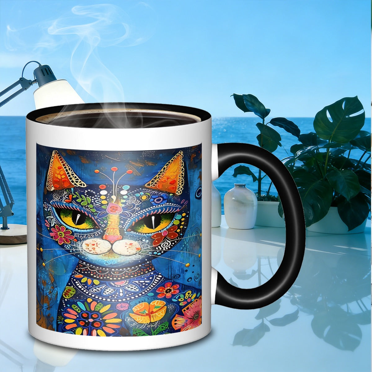 Tailorly Black Accent 11 oz Mug - floral feline portrait