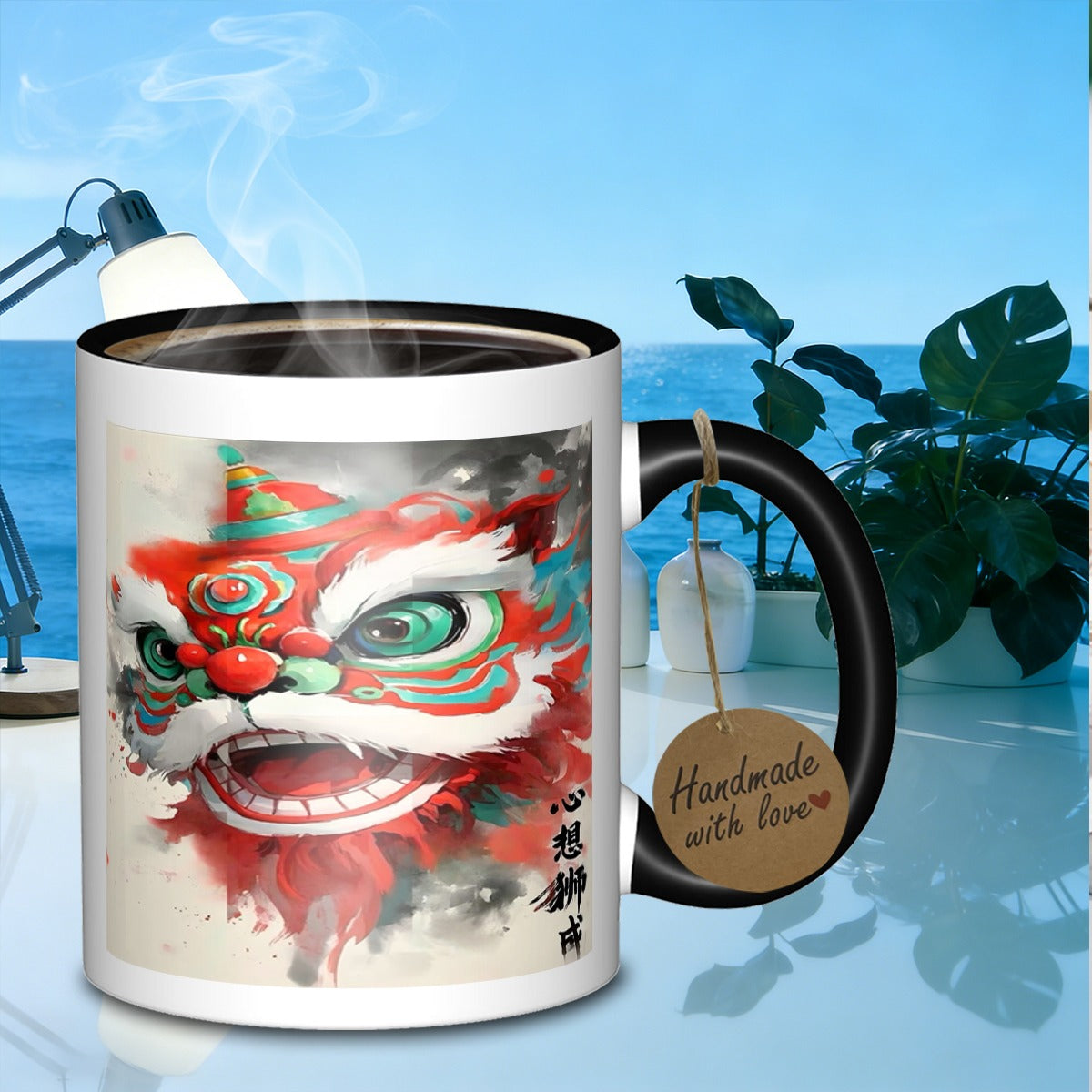 Tailorly Black Accent 11 oz Mug - chinese lion head design