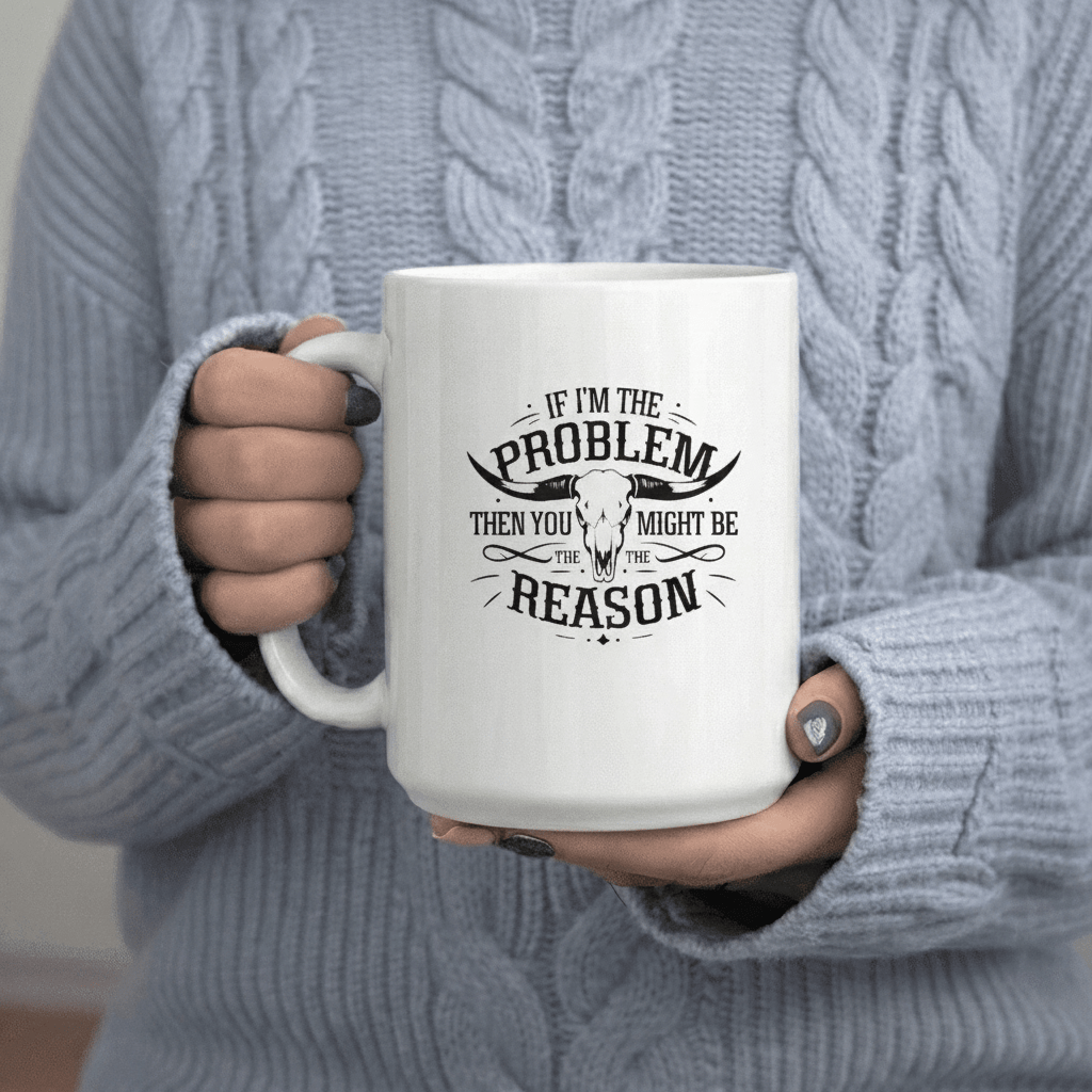 Tailorly White Ceramic 11 oz Mug - If I'm The Problem text with skull graphic