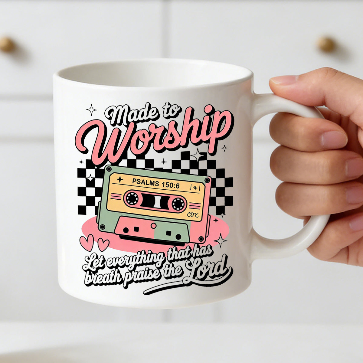 Tailorly White Ceramic 11 oz Mug - retro cassette mug featuring psalms 150 6 designed for worship 11oz a vintage christian coffee cup perfect as an