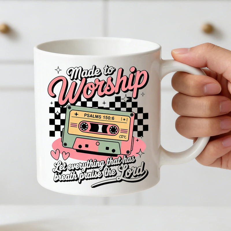 Tailorly White Ceramic 11 oz Mug - retro cassette mug featuring psalms 150 6 designed for worship 11oz a vintage christian coffee cup perfect as an