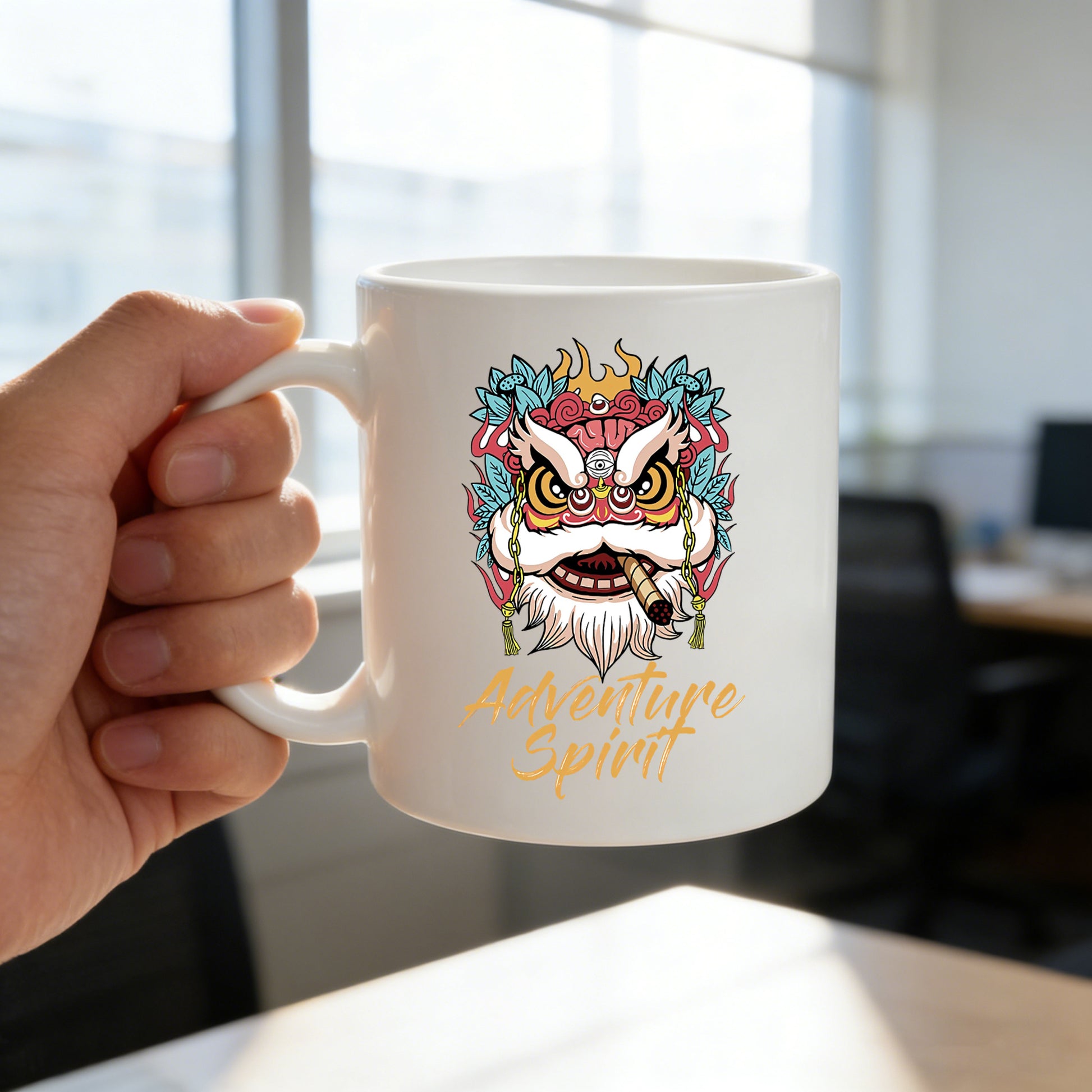 Tailorly White Ceramic 11 oz Mug - chinese lion dance adventure spirit