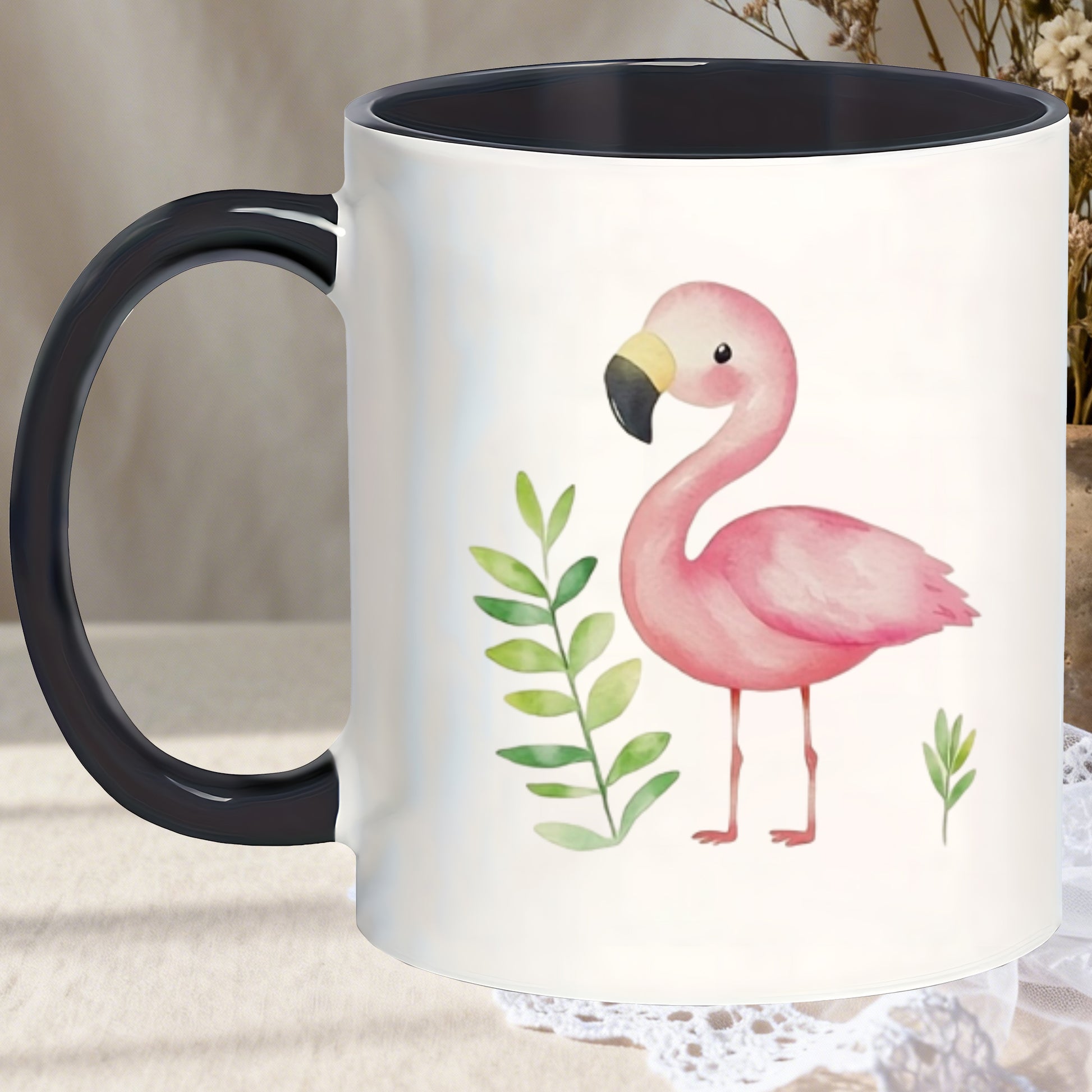 Tailorly Black Accent 11 oz Mug - flamingo foliage print