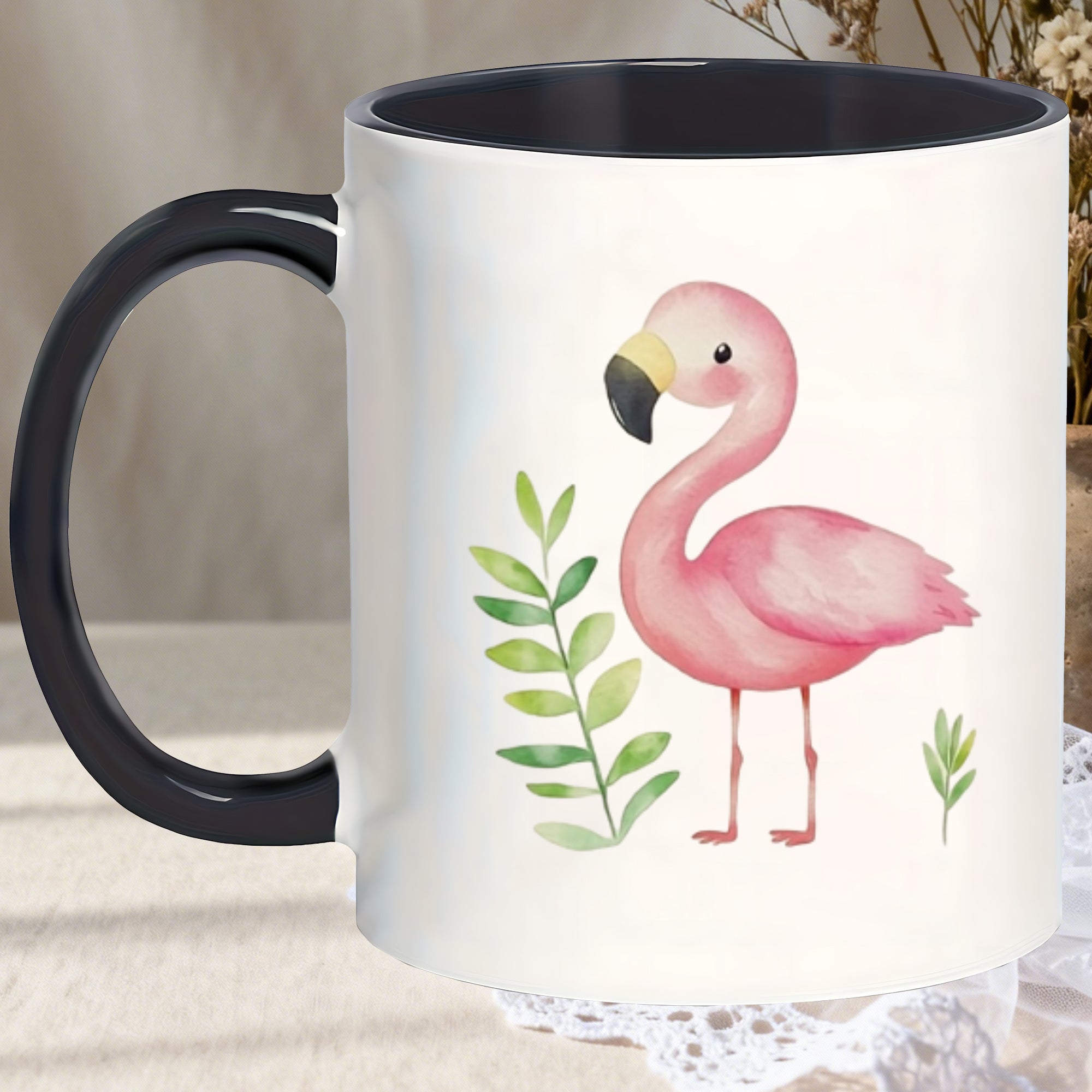 Tailorly Black Accent 11 oz Mug - flamingo foliage print