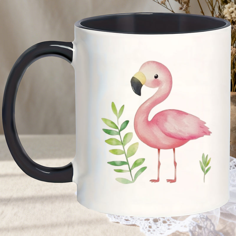 Tailorly Black Accent 11 oz Mug - flamingo foliage print