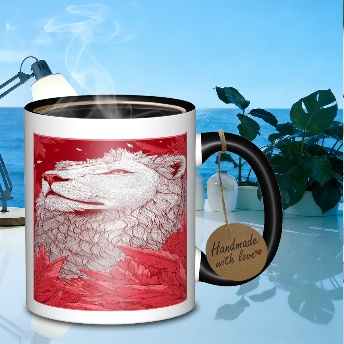 Tailorly Black Accent 11 oz Mug - white lion portrait with red foliage
