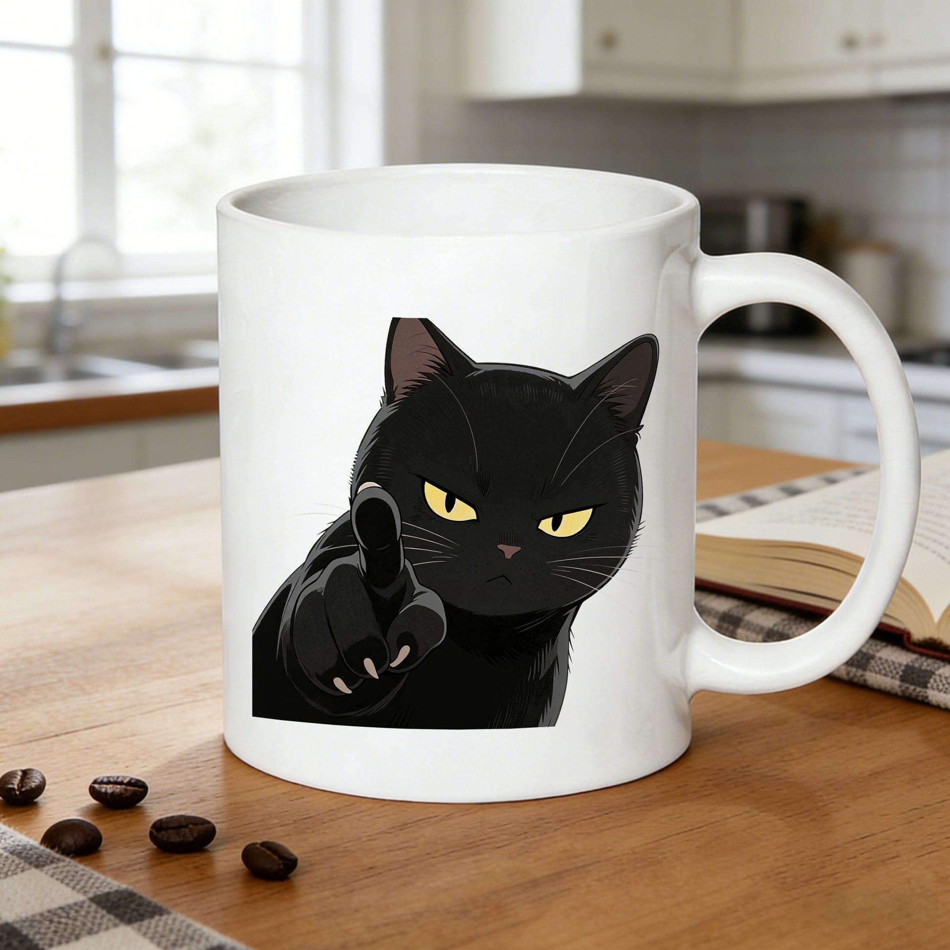Tailorly White Ceramic 11 oz Mug - black cat with sassy anime style text