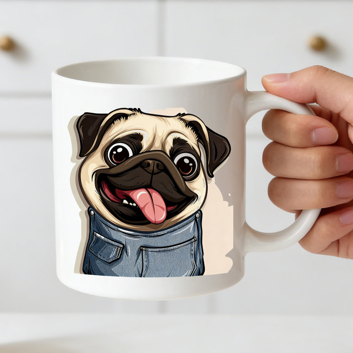 Tailorly White Ceramic 11 oz Mug - cute pug wearing denim overalls