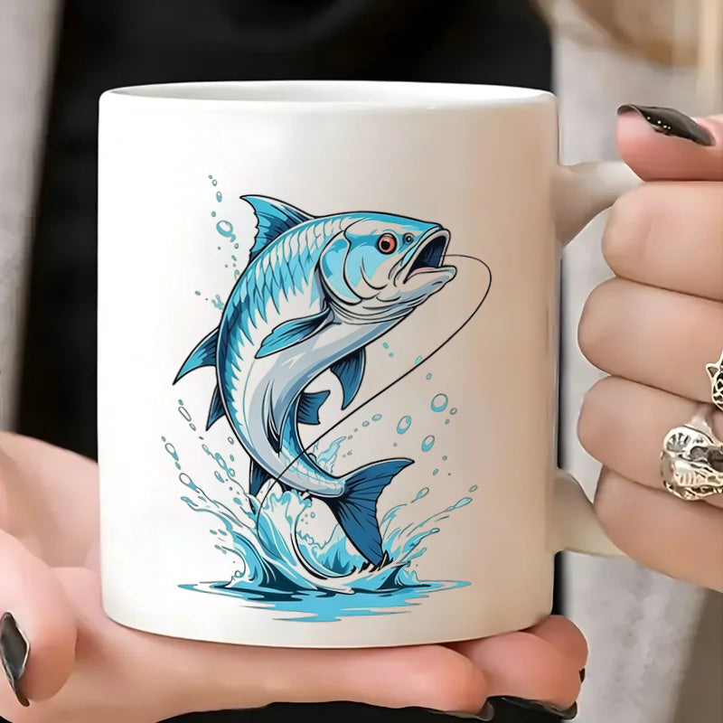 Tailorly White Ceramic 11 oz Mug - jumping fishing fish water