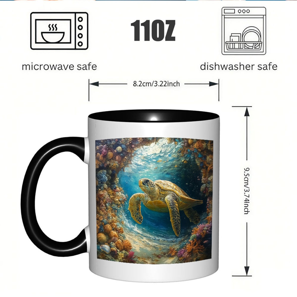 Tailorly Black Accent 11 oz Mug - a ceramic coffee mug with a turtle design holidays such as thanksgiving birthdays christmas and halloween a sturdy