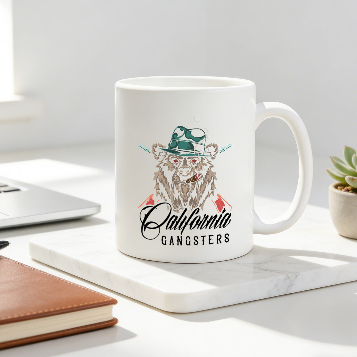 Tailorly White Ceramic 11 oz Mug - california gangsters coffee cup with fedora cigar bear vintage western print