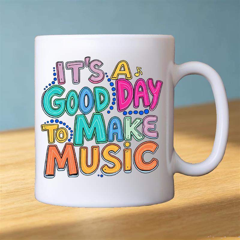 Tailorly White Ceramic 11 oz Mug - music symbol and mountain with quote "its the music to start"