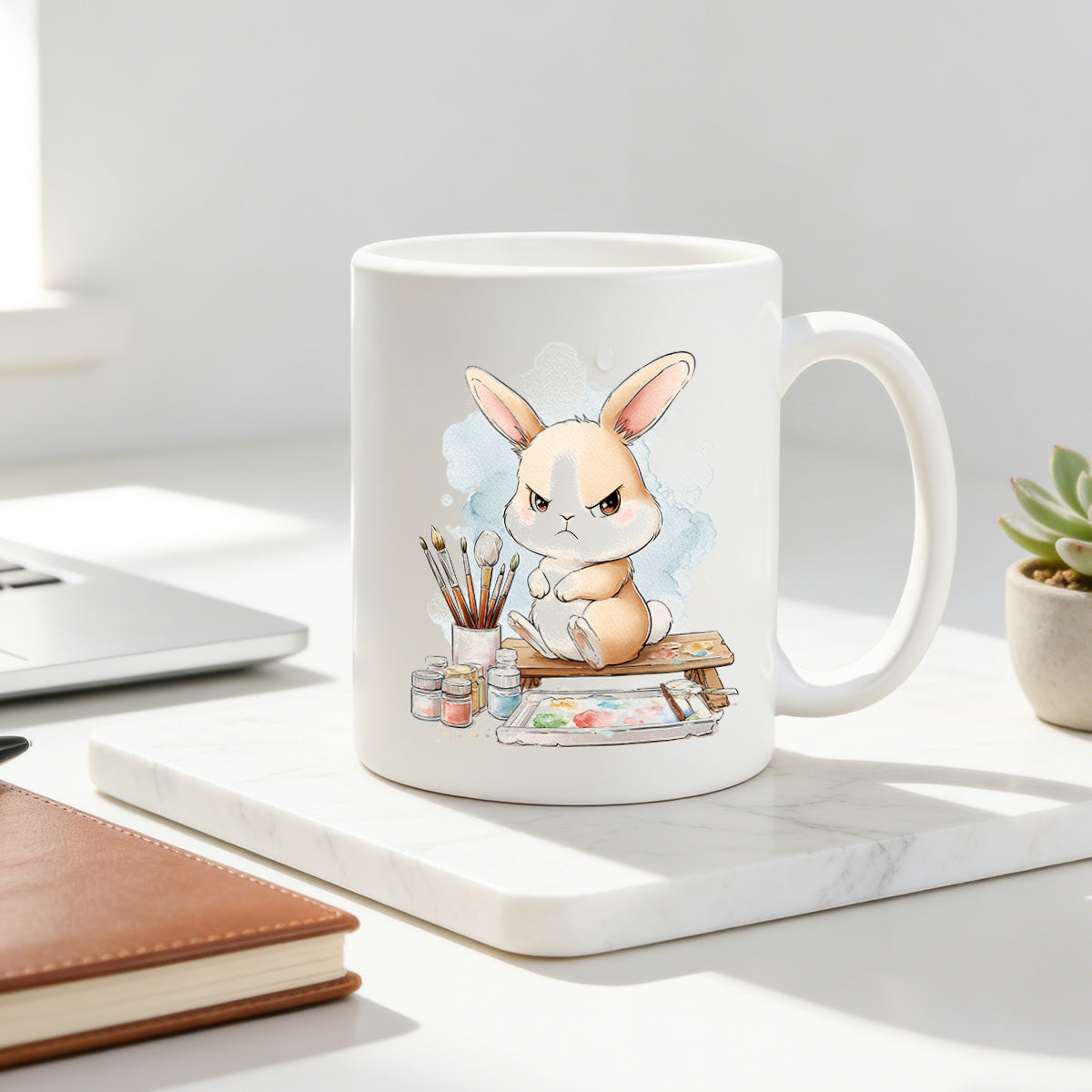 Tailorly White Ceramic 11 oz Mug - artist bunny with watercolor rabbit artwork
