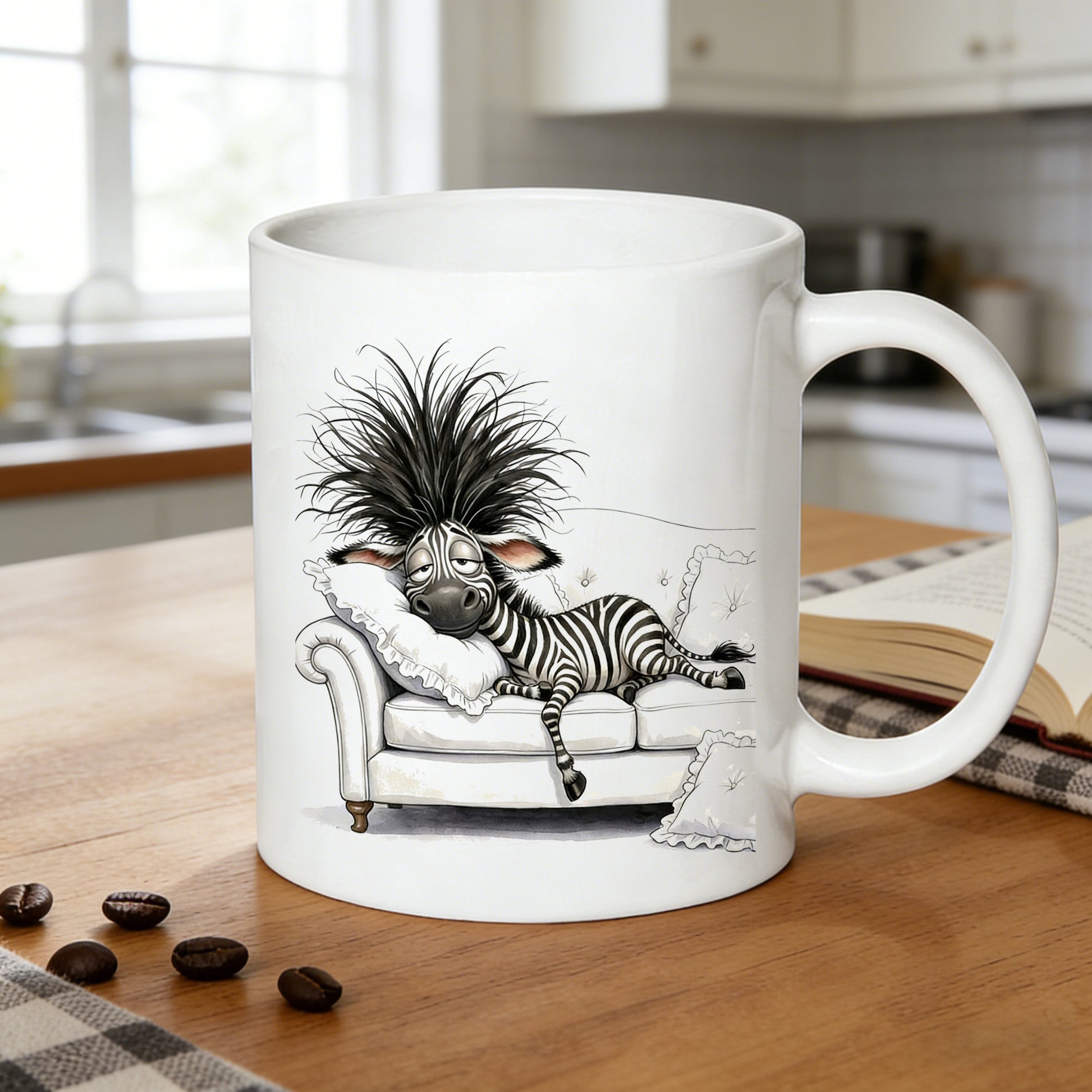 Tailorly White Ceramic 11 oz Mug - lazy zebra mug with messy hair tea cup suitable living gifts hand wash only cozy for or for hot