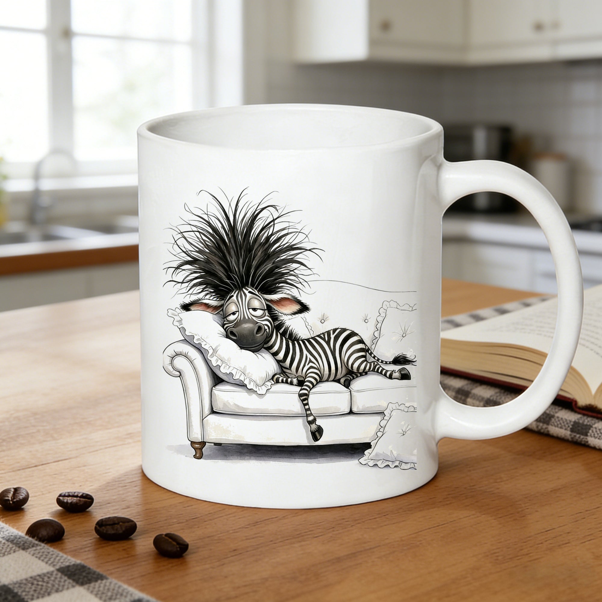 Tailorly White Ceramic 11 oz Mug - lazy zebra mug with messy hair tea cup suitable living gifts hand wash only cozy for or for hot