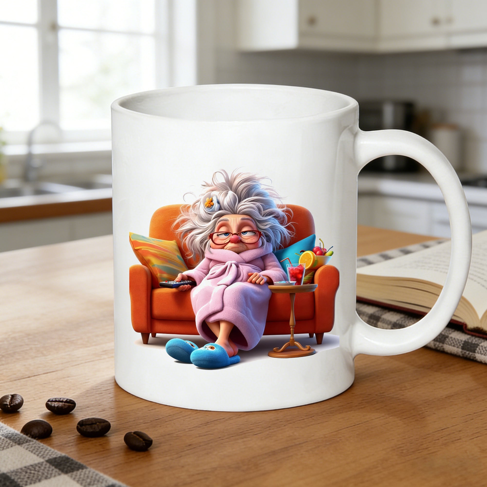 Tailorly White Ceramic 11 oz Mug - relaxed elderly woman in robe design