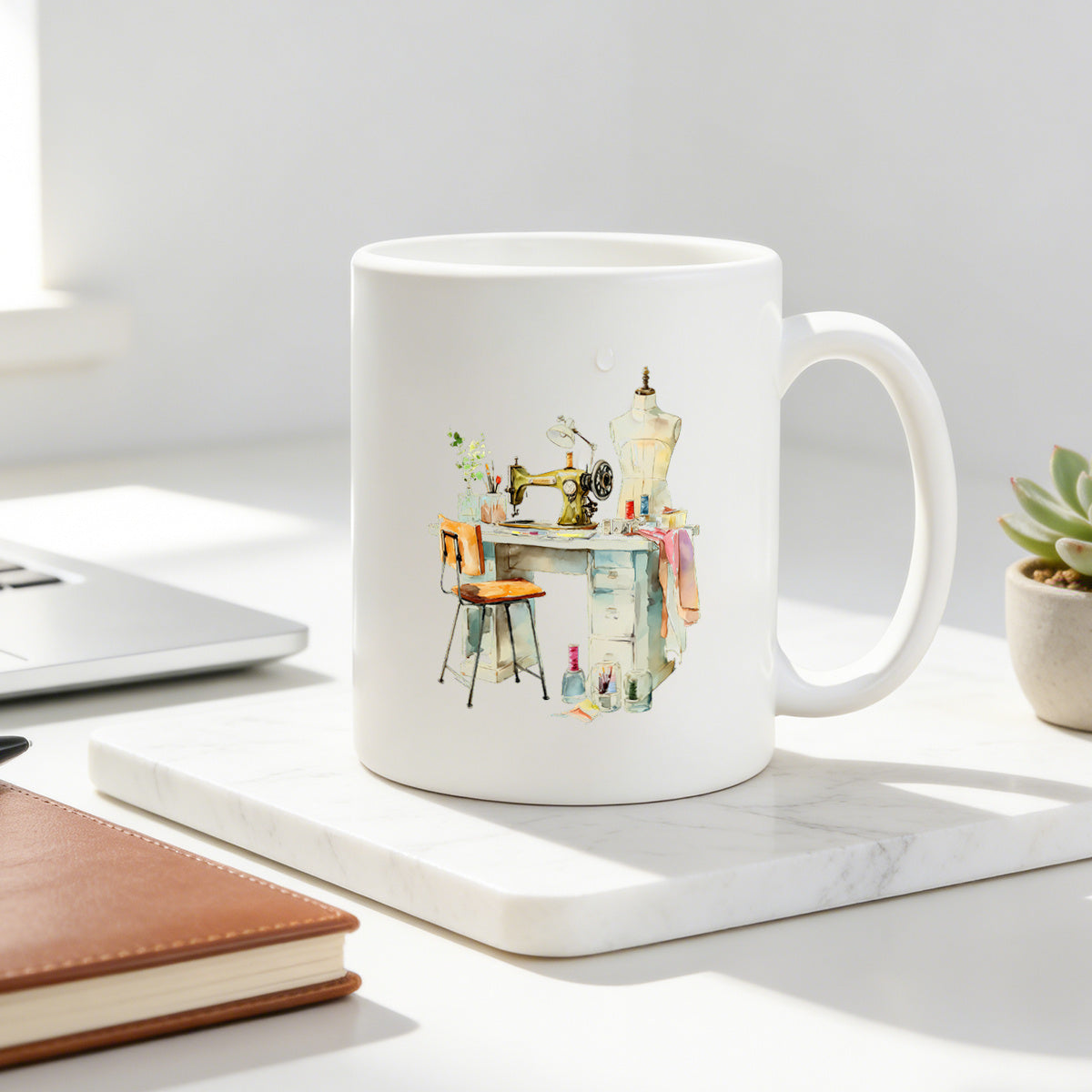 Tailorly White Ceramic 11 oz Mug - vintage sewing machine watercolor illustration