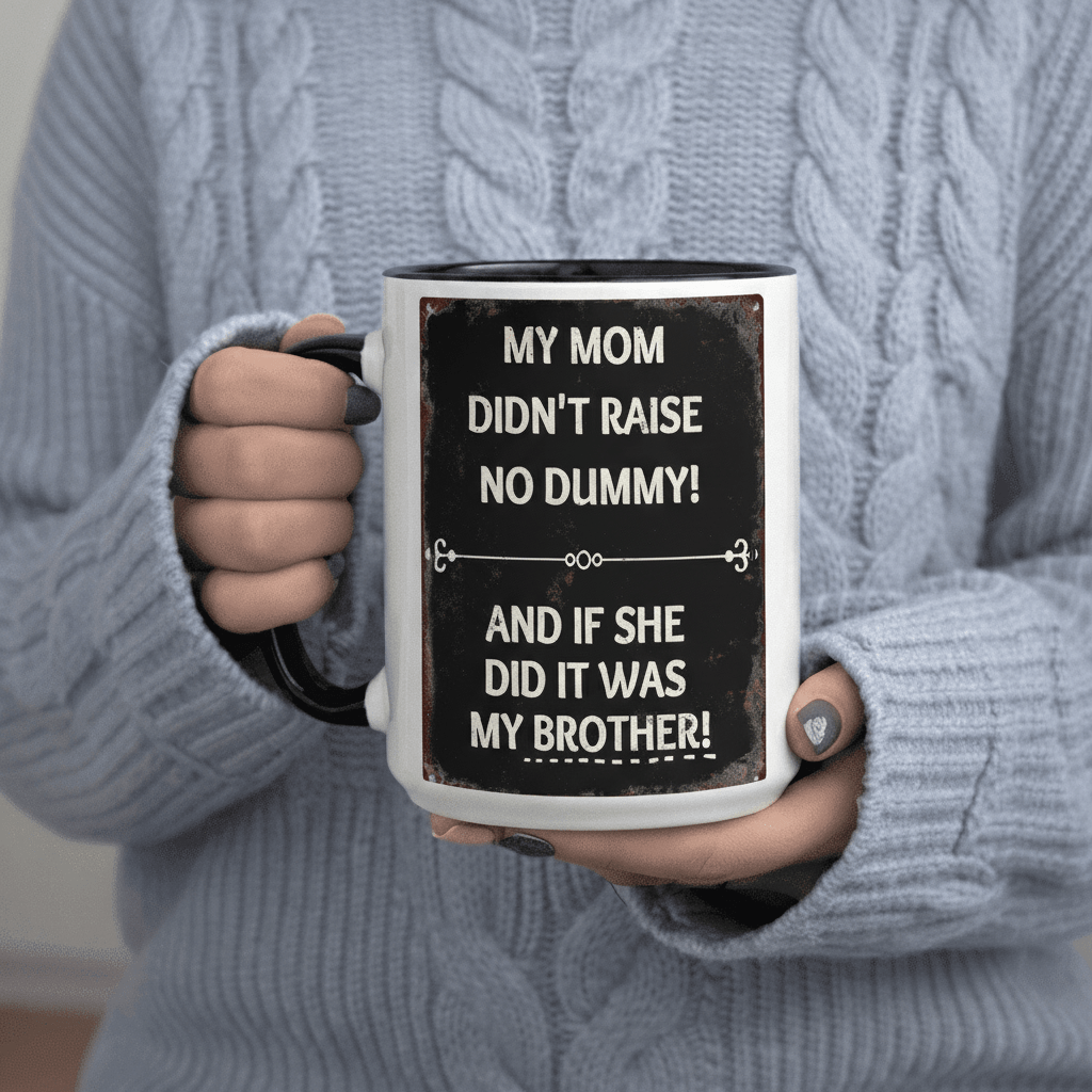 Tailorly Black Accent 11 oz Mug - No Dummy And If She Did It Was My Brother! text