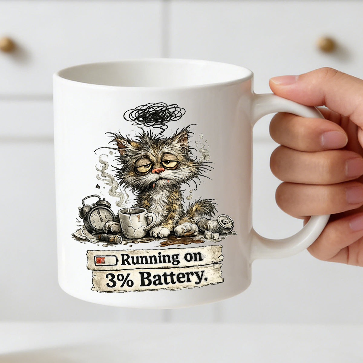 Tailorly White Ceramic 11 oz Mug - battery exhausted cat