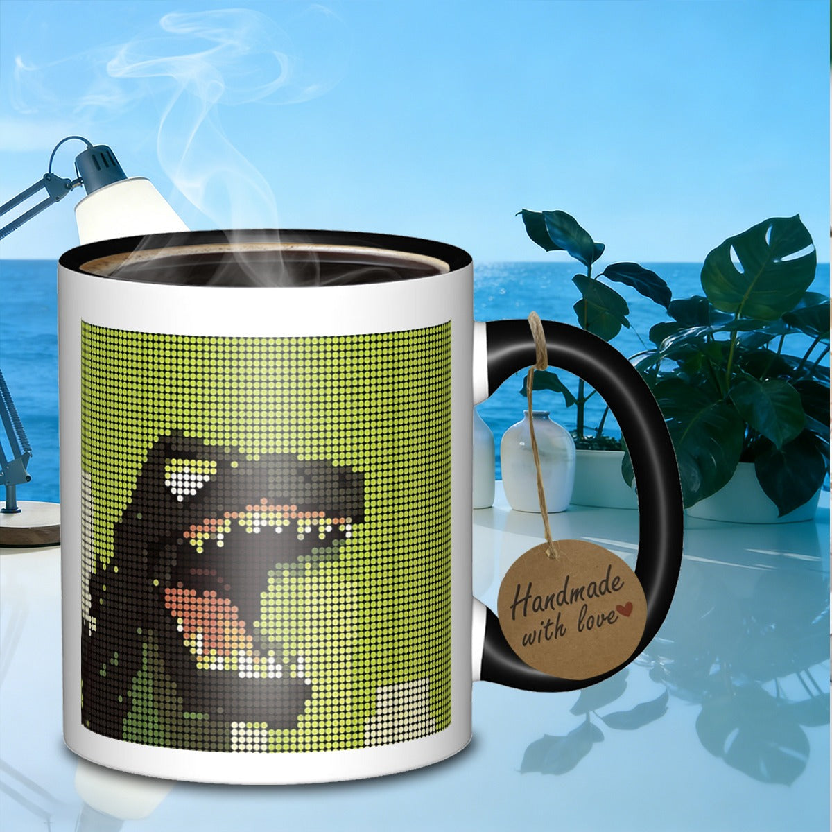 Tailorly Black Accent 11 oz Mug - dotted dinosaur portrait