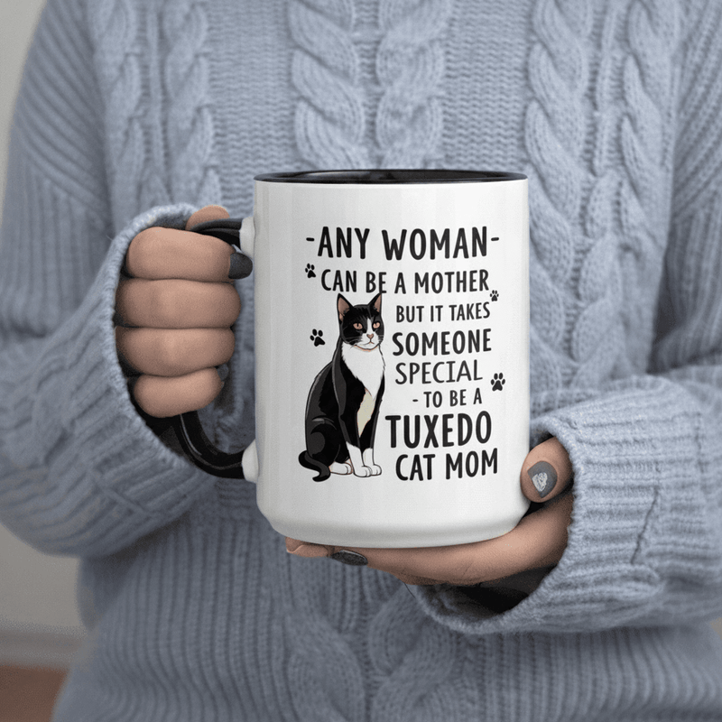 Tailorly Black Accent 11 oz Mug - Any Woman a Mother But It Special to Tuxedo Cat Mom text with tuxedo cat illustration