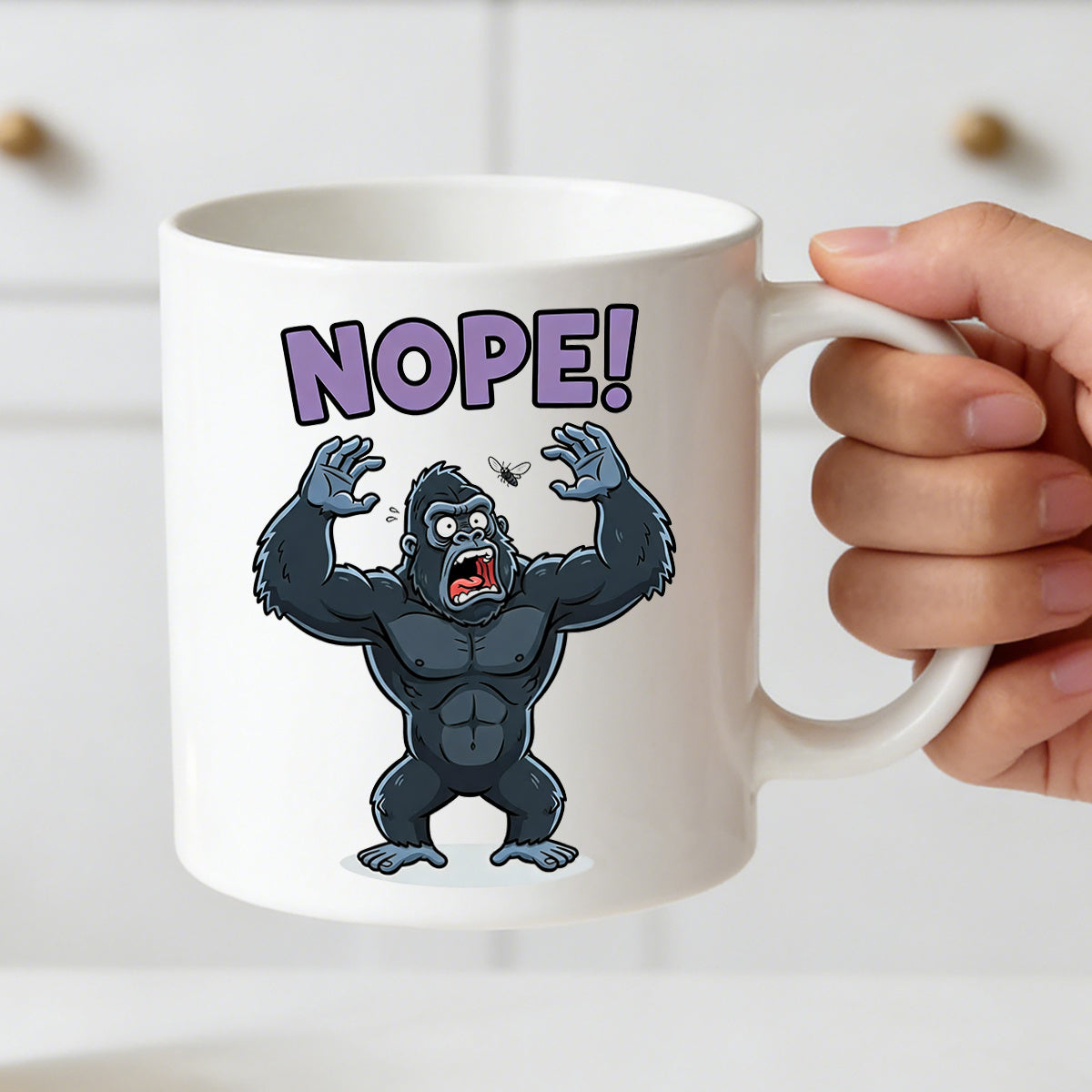 Tailorly White Ceramic 11 oz Mug - nope annoyed gorilla illustration