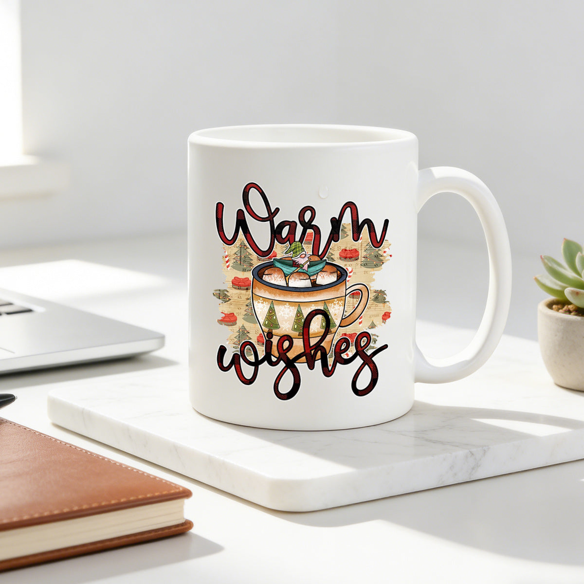 Tailorly White Ceramic 11 oz Mug - gnome with marshmallow and christmas tree print