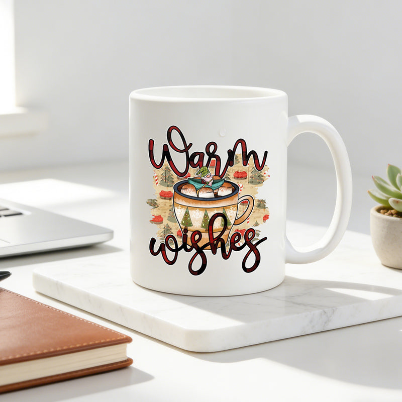 Tailorly White Ceramic 11 oz Mug - gnome with marshmallow and christmas tree print