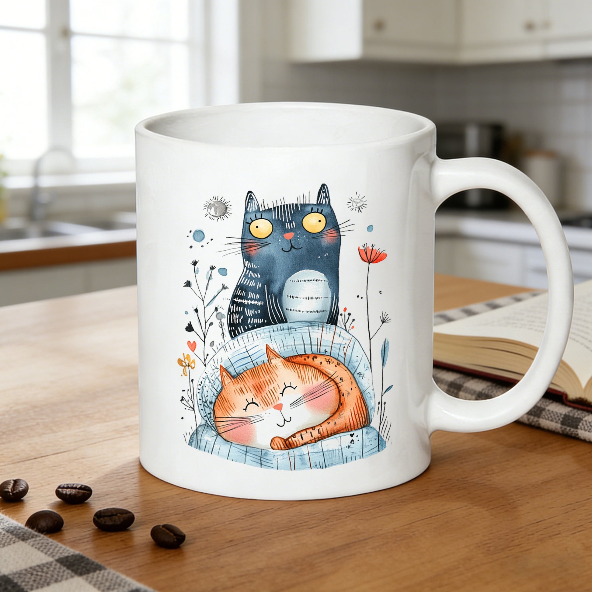 Tailorly White Ceramic 11 oz Mug - watercolor blue and orange kittens