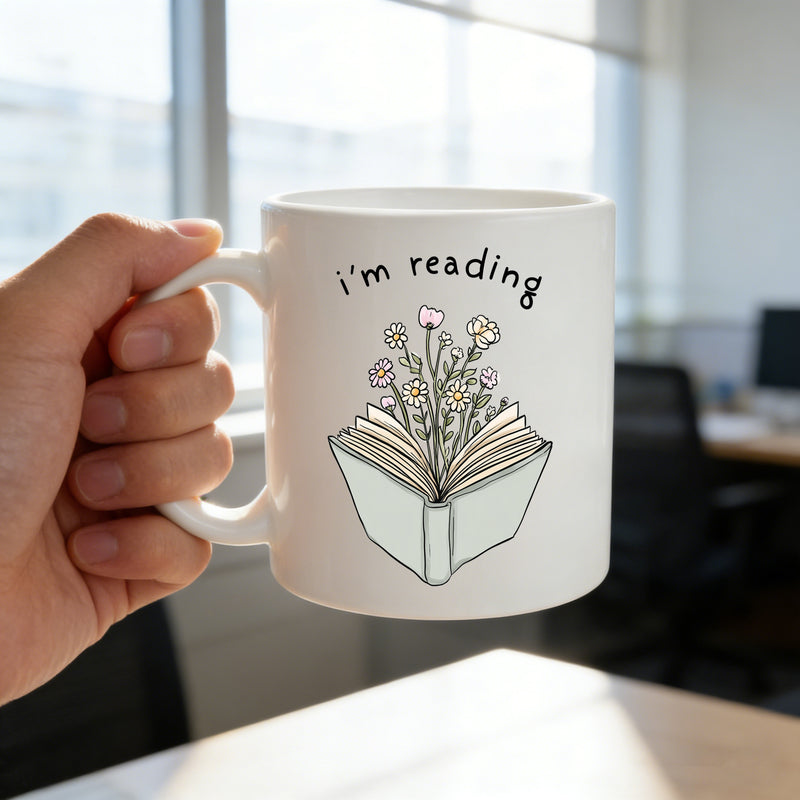 Tailorly White Ceramic 11 oz Mug - doodle of "I'm reading"