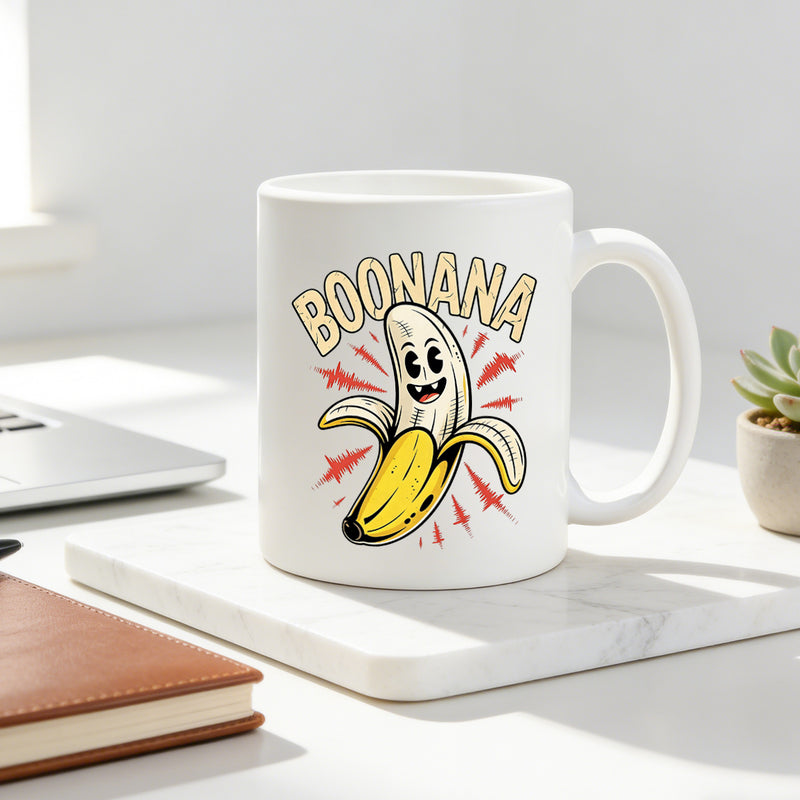 Tailorly White Ceramic 11 oz Mug - ghost banana cartoon vintage creepy Halloween-themed