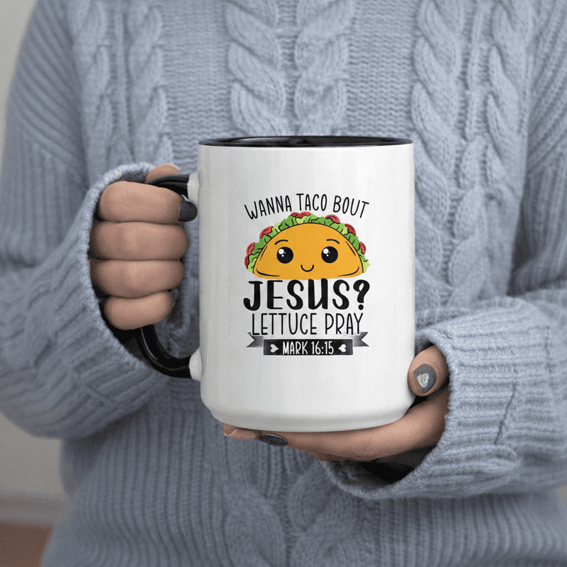 Tailorly Black Accent 11 oz Mug - Jesus Lettuce Pray Mark 1615 text