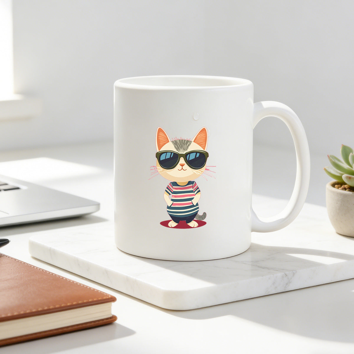 Tailorly White Ceramic 11 oz Mug - cat in striped tee with fashion glasses