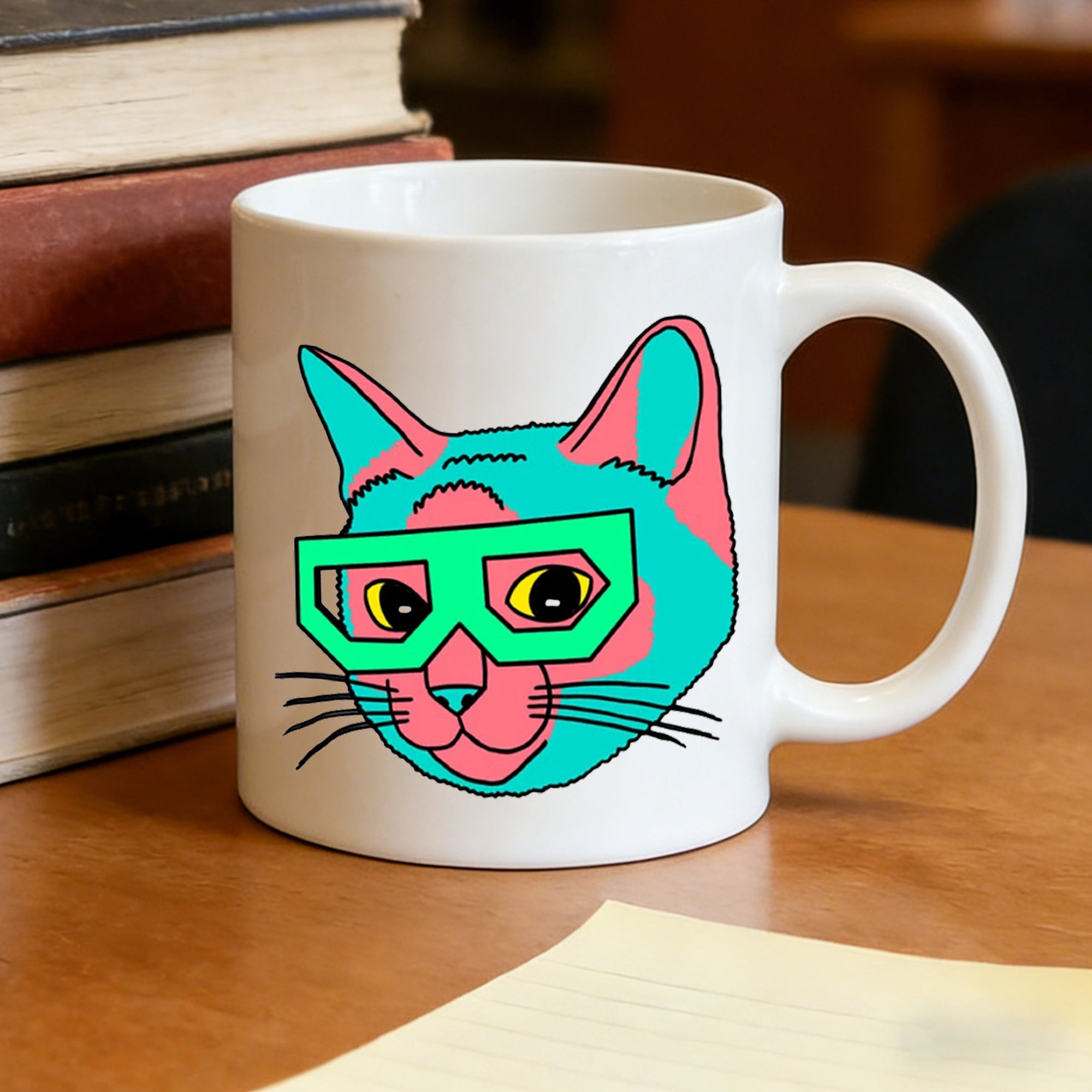 Tailorly White Ceramic 11 oz Mug - pink and teal cat with green glasses