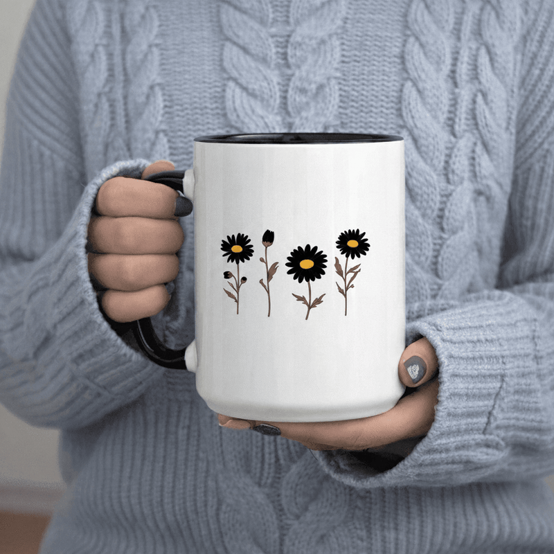 Tailorly Black Accent 11 oz Mug - Black daisy floral illustration with yellow