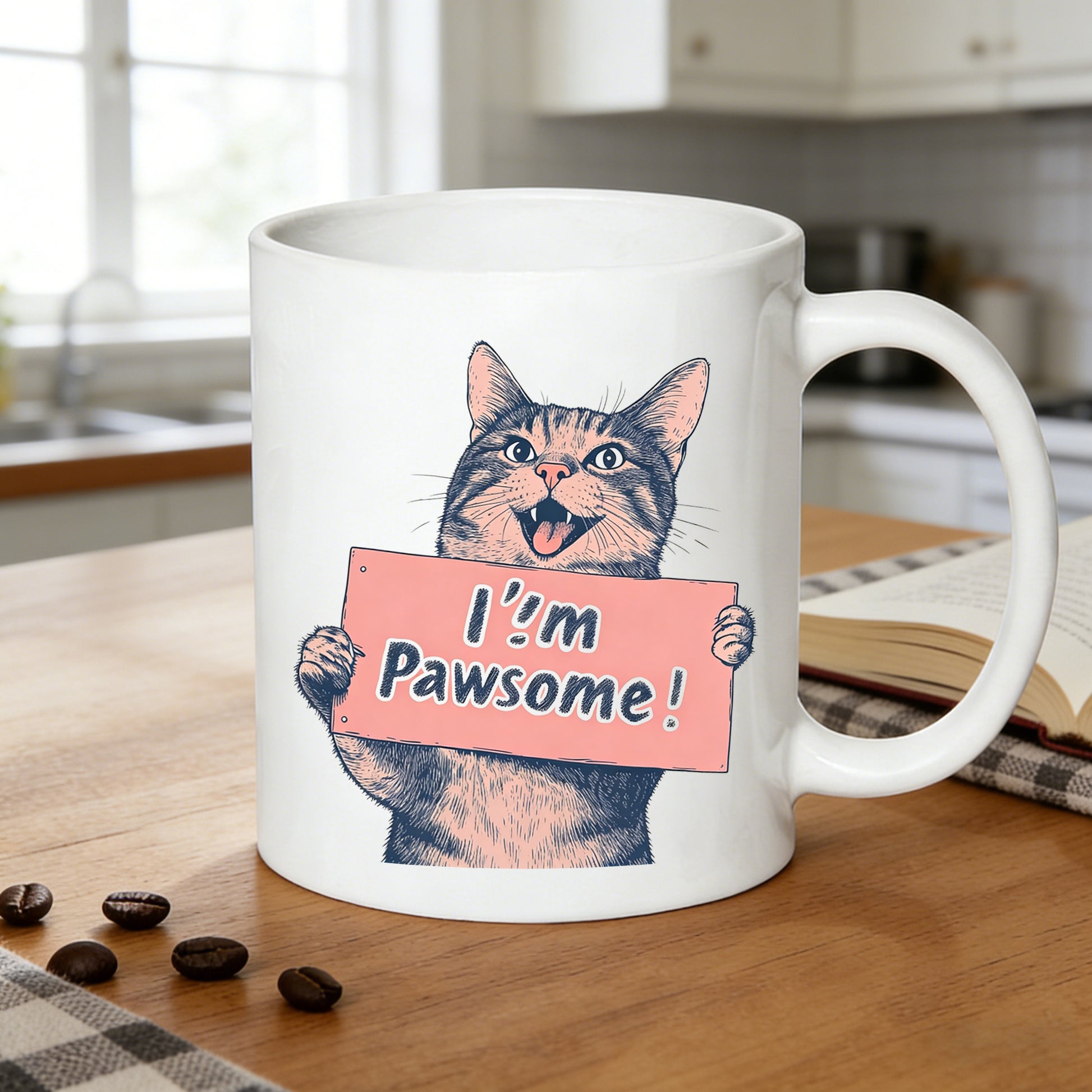 Tailorly White Ceramic 11 oz Mug - cat illustration