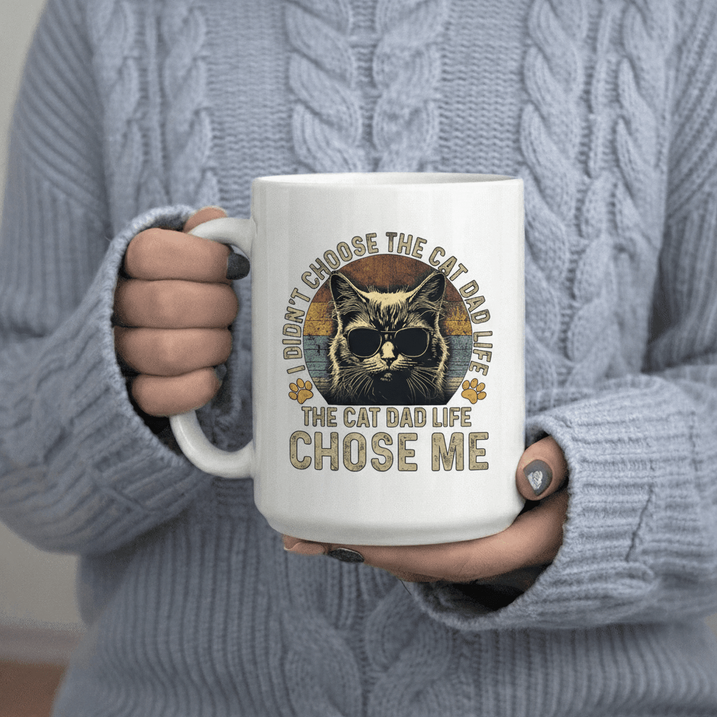 Tailorly White Ceramic 11 oz Mug - I Didn t Choose The Cat Dad Life The Cat Dad Life text