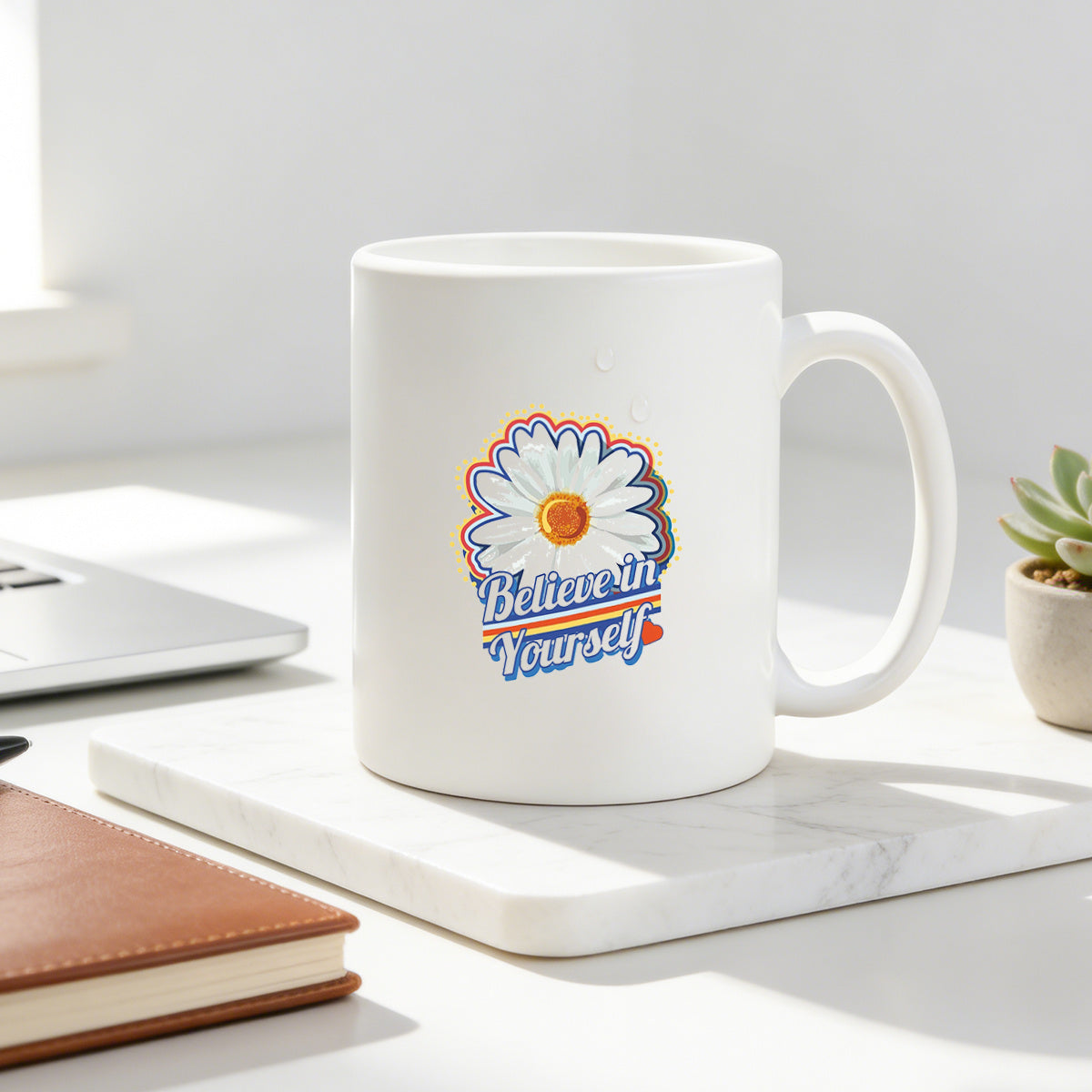 Tailorly White Ceramic 11 oz Mug - retro daisy floral inspirational quote "believe in yourself"