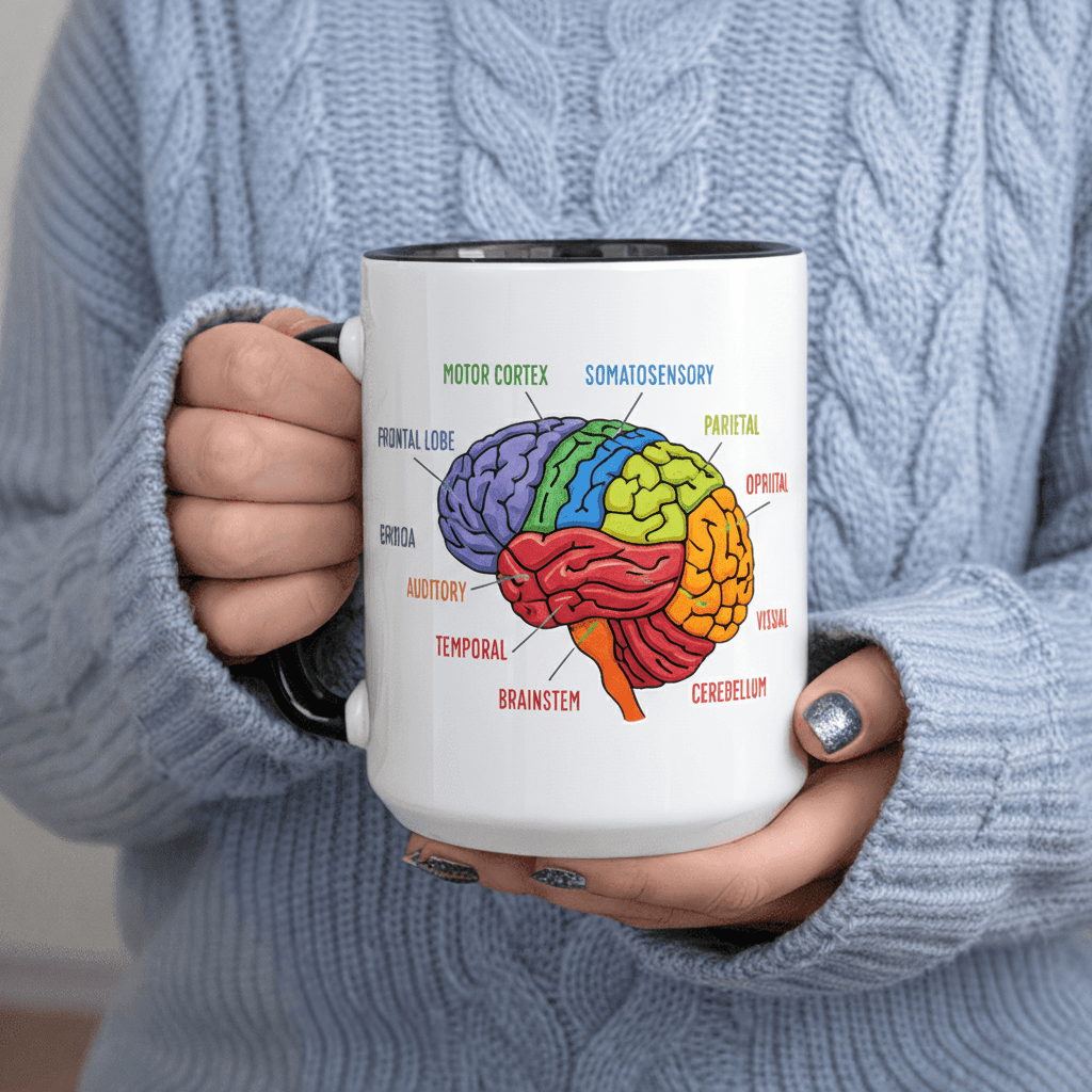Tailorly Black Accent 11 oz Mug - Anatomical brain diagram with motor， auditory， temporal， somatosensory， and visual labels