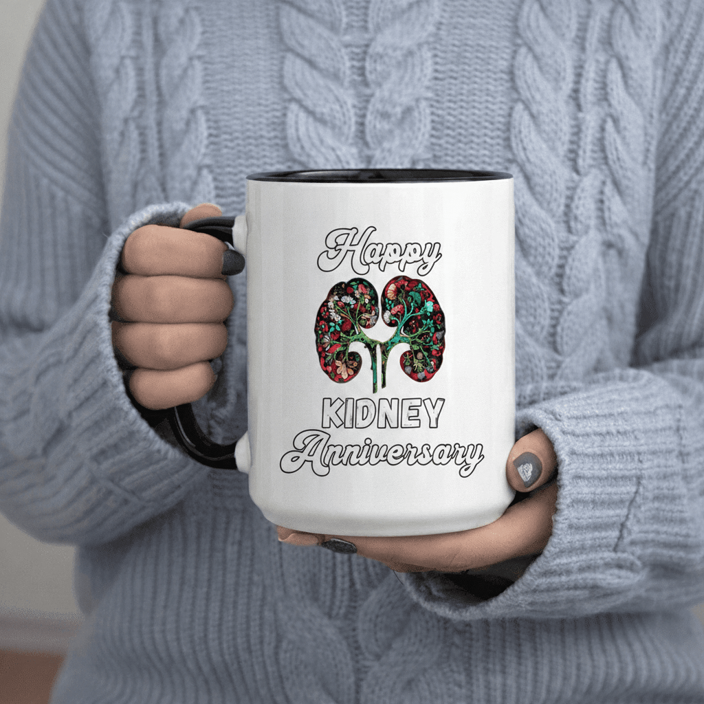 Tailorly Black Accent 11 oz Mug - Happy Kidney Anniversary Celebration Gift text