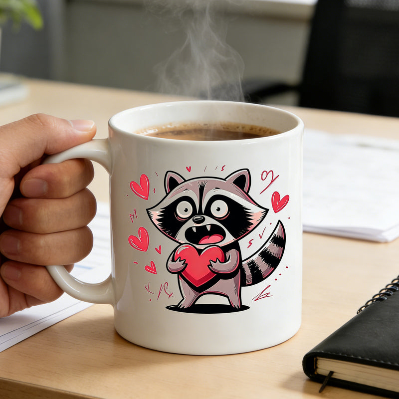 Tailorly White Ceramic 11 oz Mug - raccoon with heart