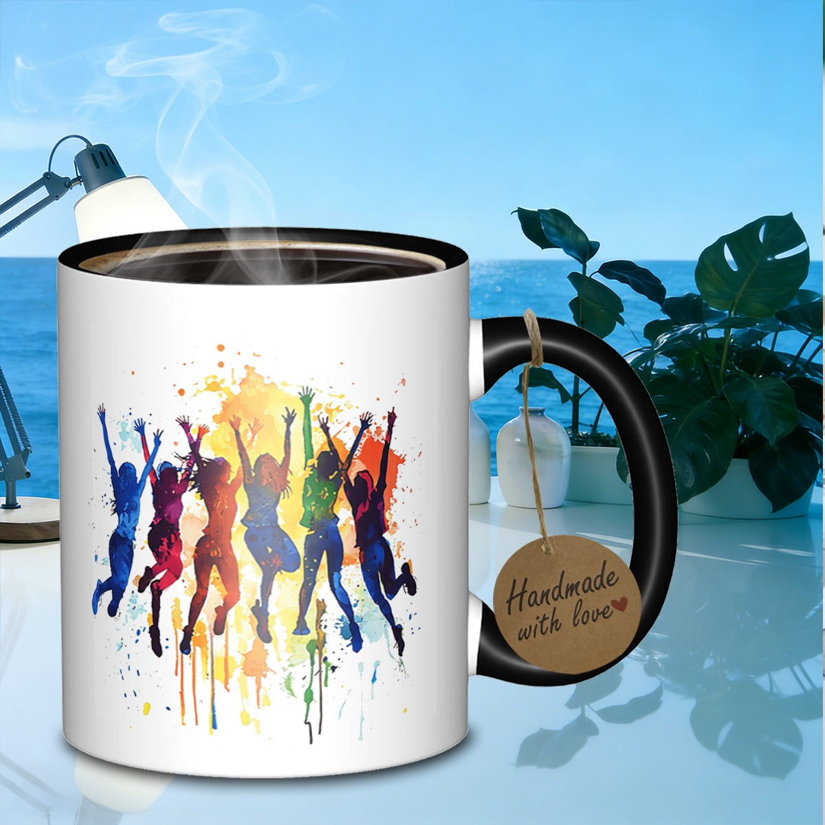 Tailorly Black Accent 11 oz Mug - watercolor jumping figures