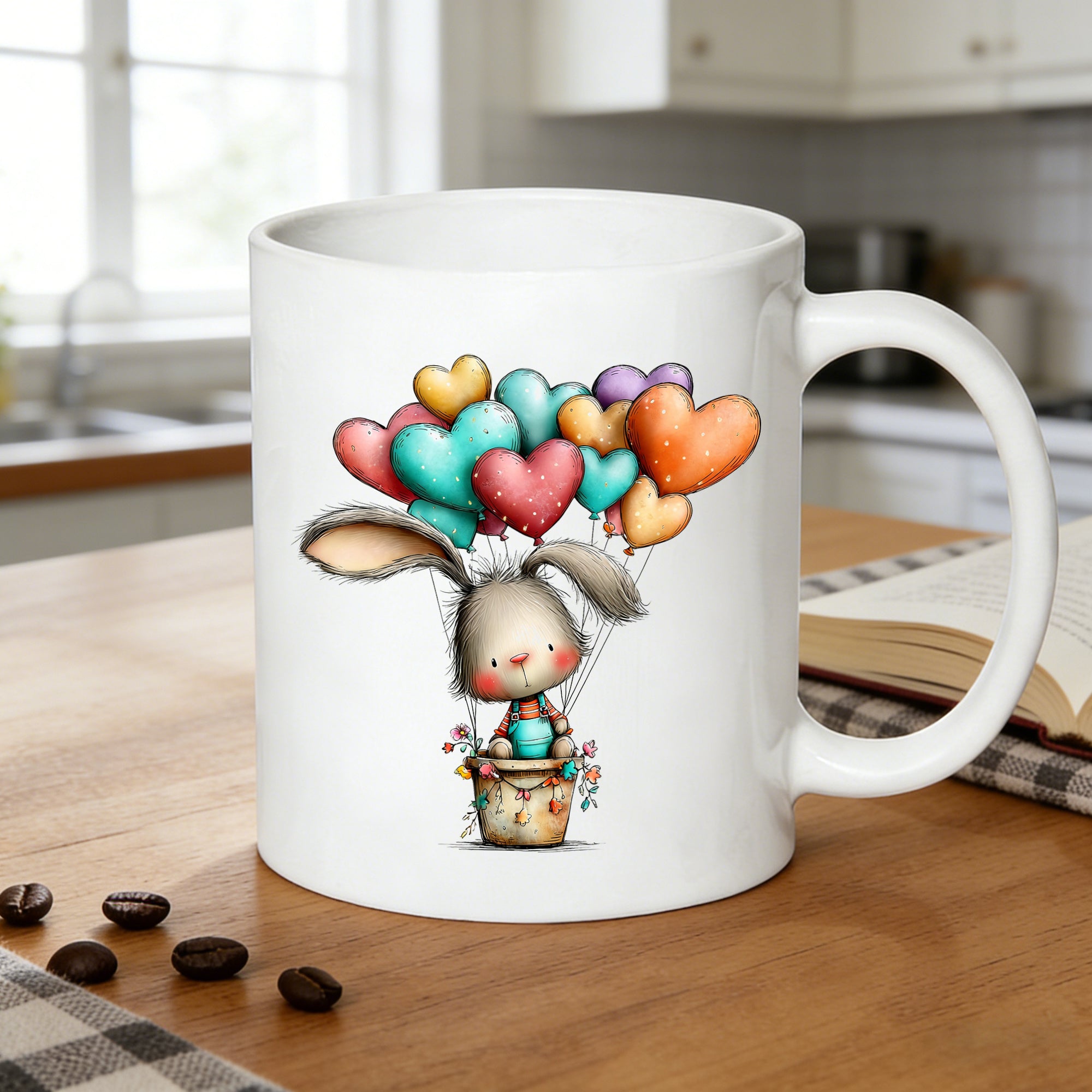 Tailorly White Ceramic 11 oz Mug - bunny with vibrant heart balloons