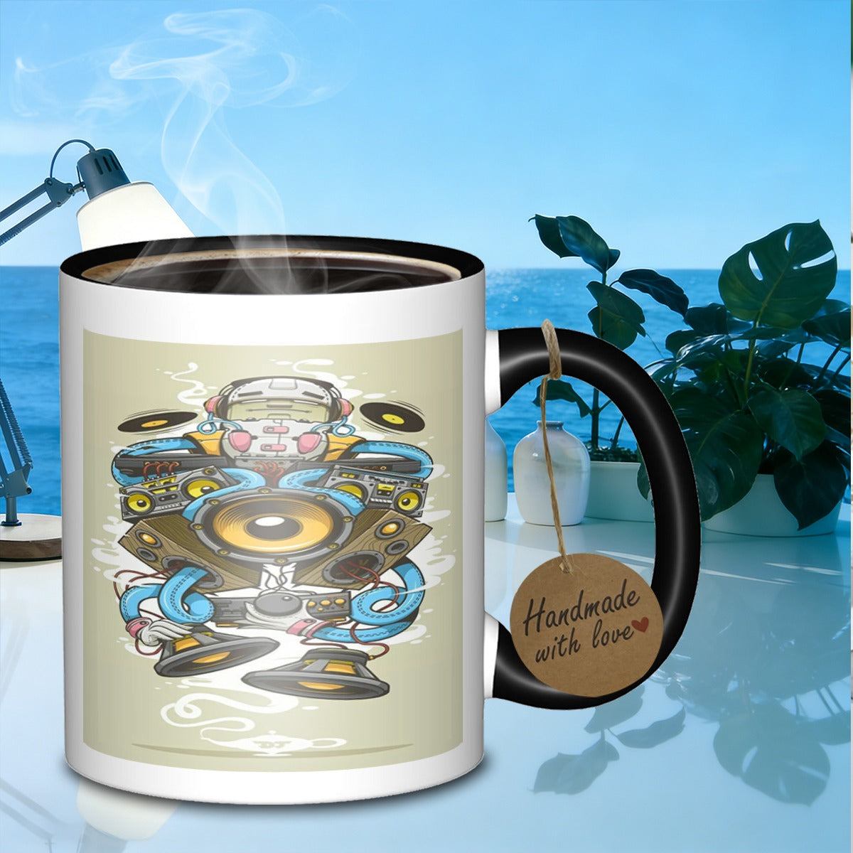 Tailorly Black Accent 11 oz Mug - audio equipment robot illustration