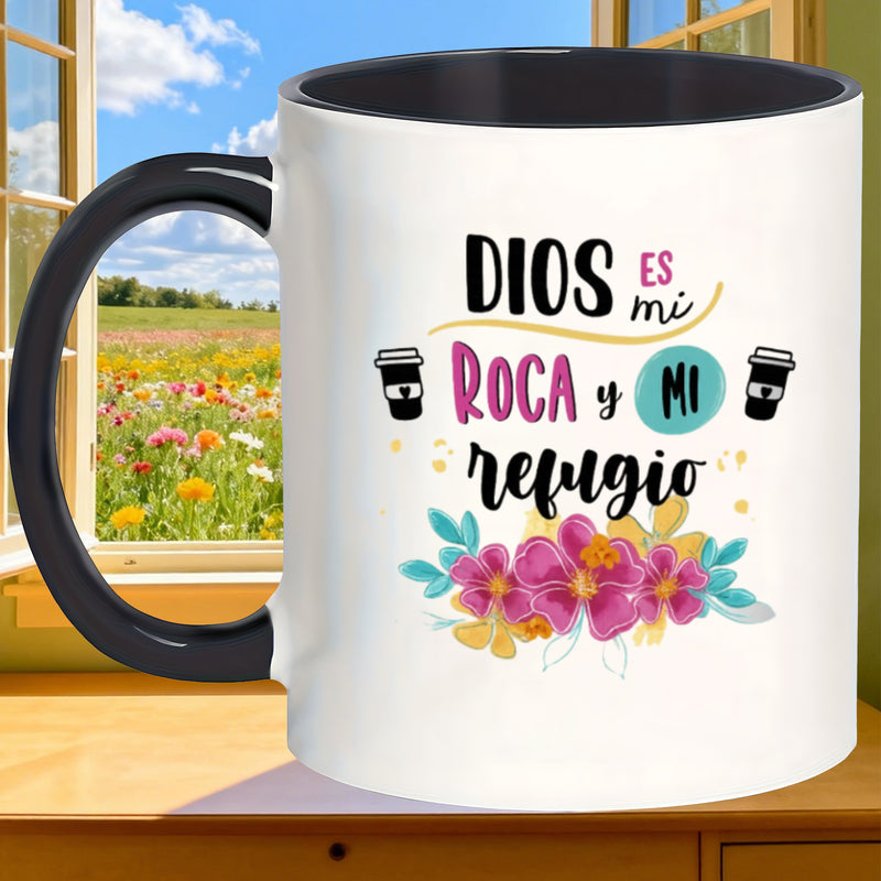 Tailorly Black Accent 11 oz Mug - bible verse "God is"