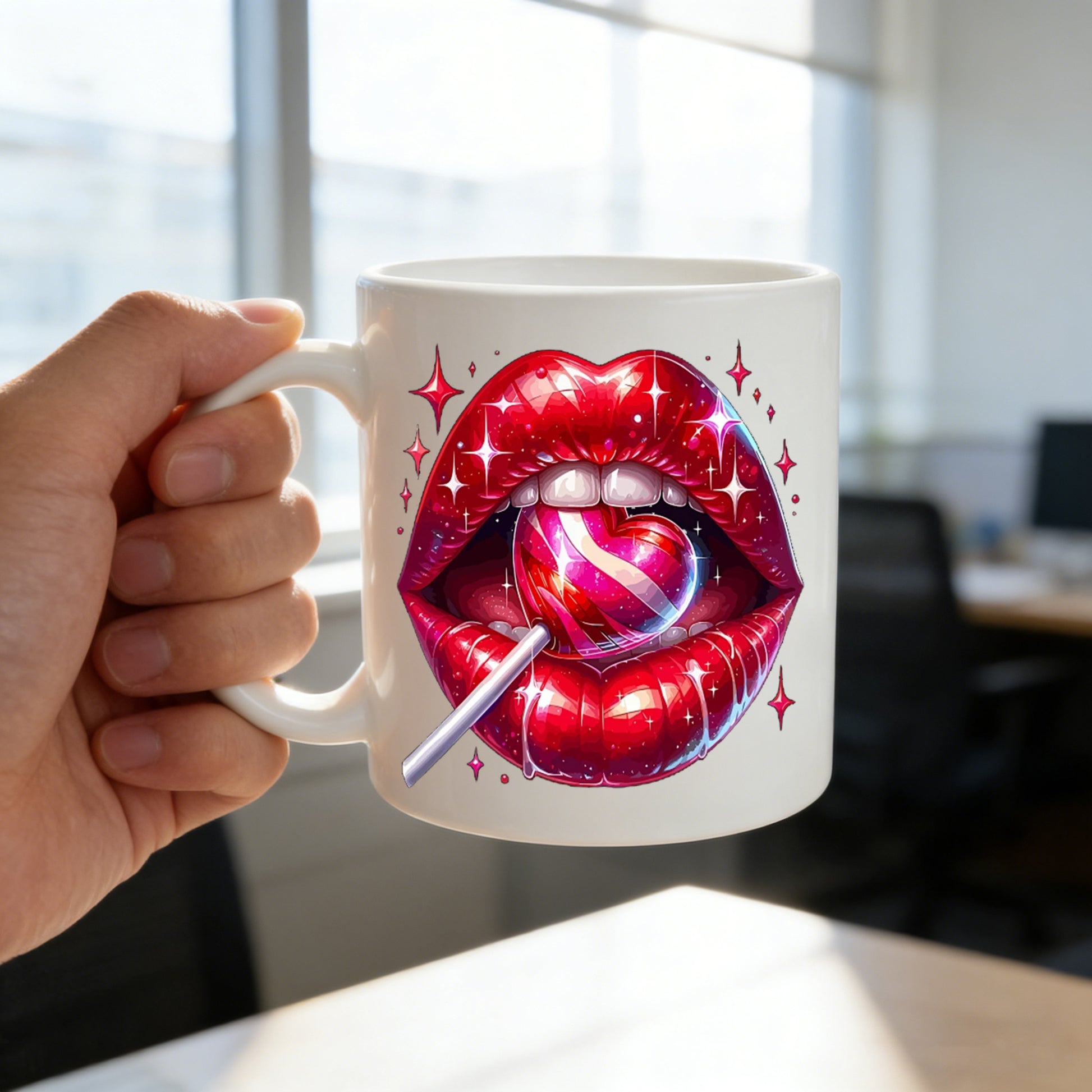Tailorly White Ceramic 11 oz Mug - sweet heart lollipop glitter red lips
