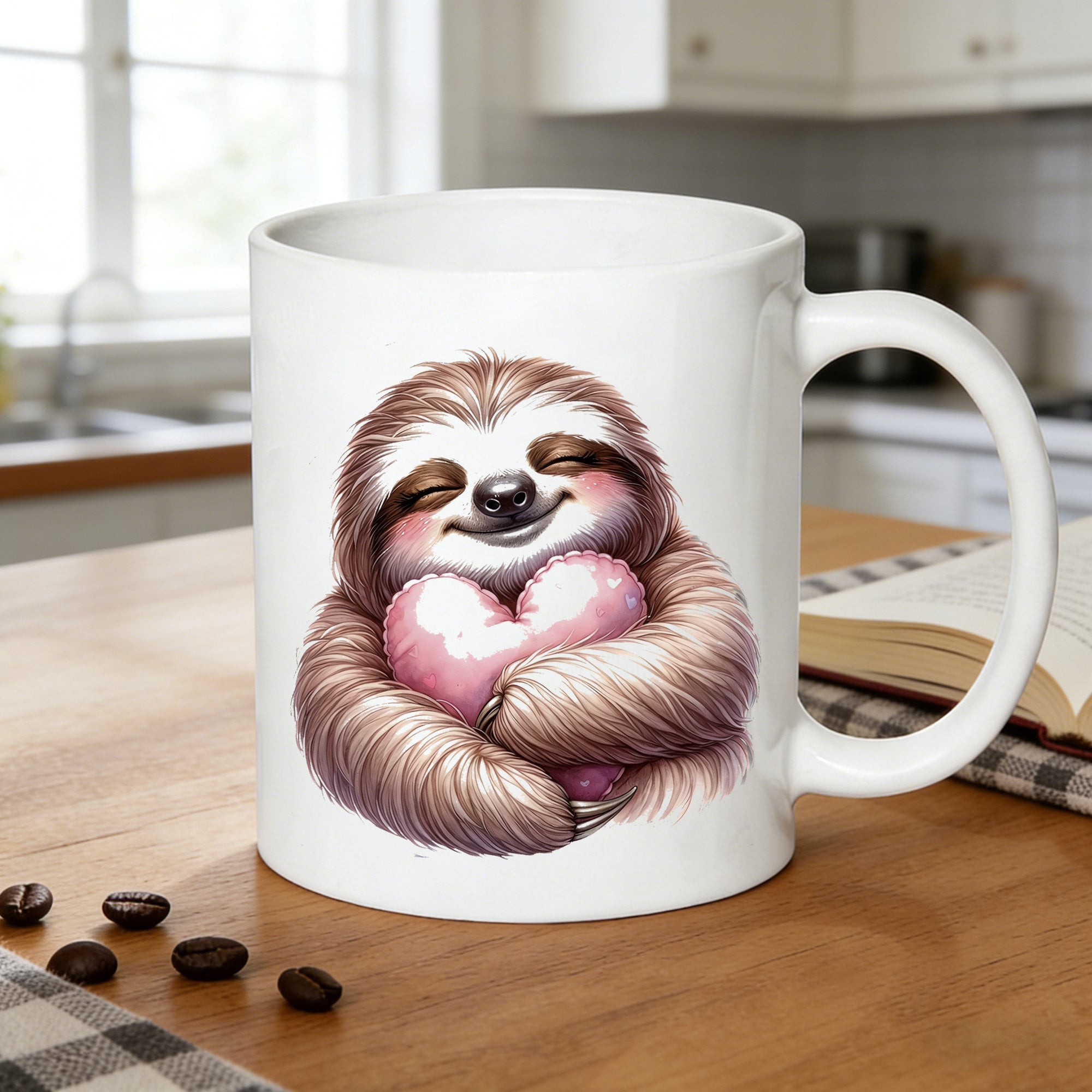 Tailorly White Ceramic 11 oz Mug - happy sloth with pillow